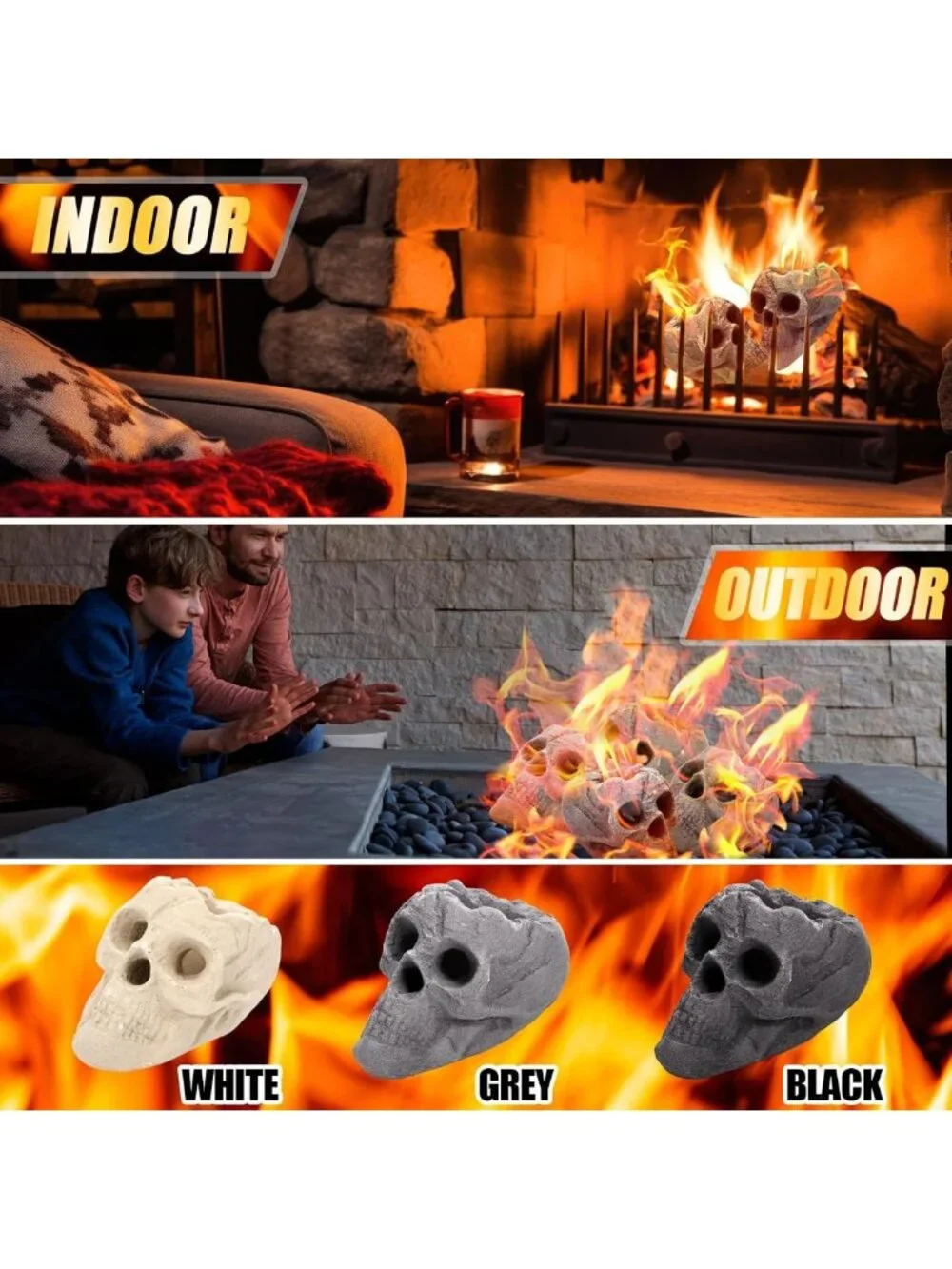 4 Pack Skull Fire Pit Decor - 8.7 Inch Halloween Decorations, Gray Outdoor